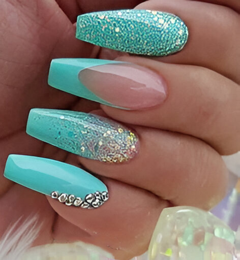 turquoise nail design with diamonds