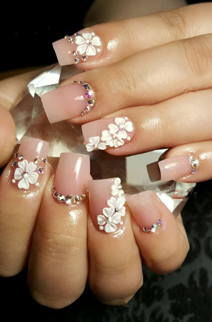 floral delight nail design with diamonds