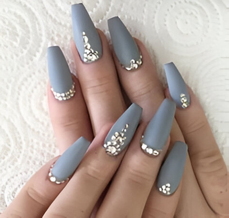 gray glamour nail design with diamonds