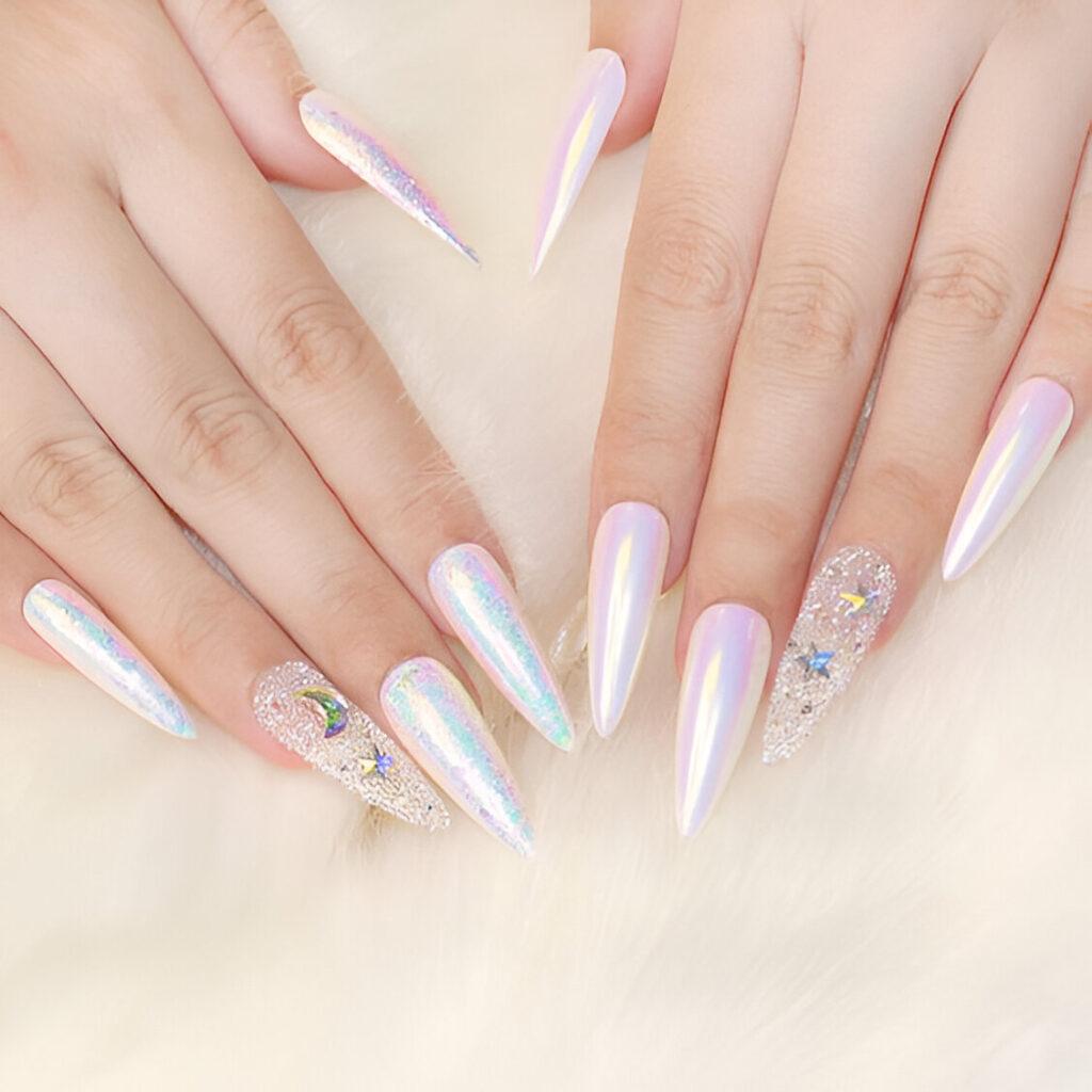 iridescent nail design with diamonds