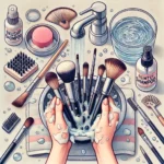 DALL·E 2024 09 17 02.16.58 A step by step visual guide to cleaning makeup brushes. The scene shows various makeup brushes being cleaned in stages. On one side brushes are being