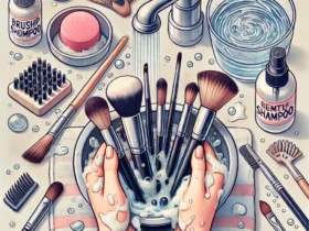 DALL·E 2024 09 17 02.16.58 A step by step visual guide to cleaning makeup brushes. The scene shows various makeup brushes being cleaned in stages. On one side brushes are being