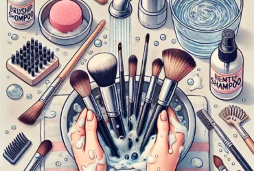 DALL·E 2024 09 17 02.16.58 A step by step visual guide to cleaning makeup brushes. The scene shows various makeup brushes being cleaned in stages. On one side brushes are being